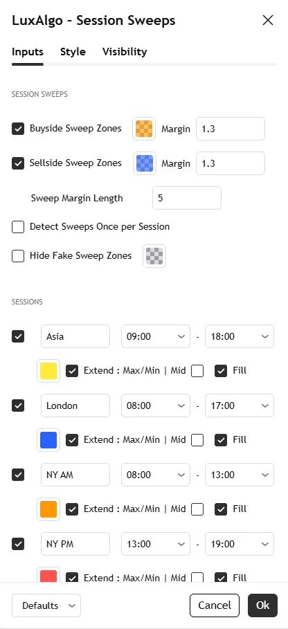 تنظیمات اندیکاتور Session Sweeps 