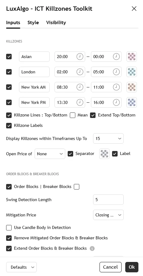 تنظیمات اندیکاتور ICT Killzones Toolkit