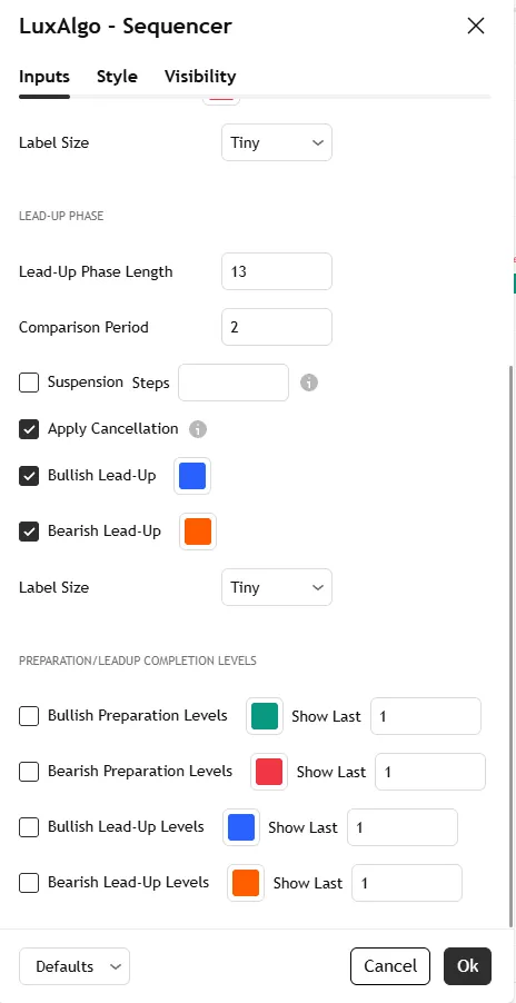 تنظیمات اندیکاتور LuxAlgo Sequencer