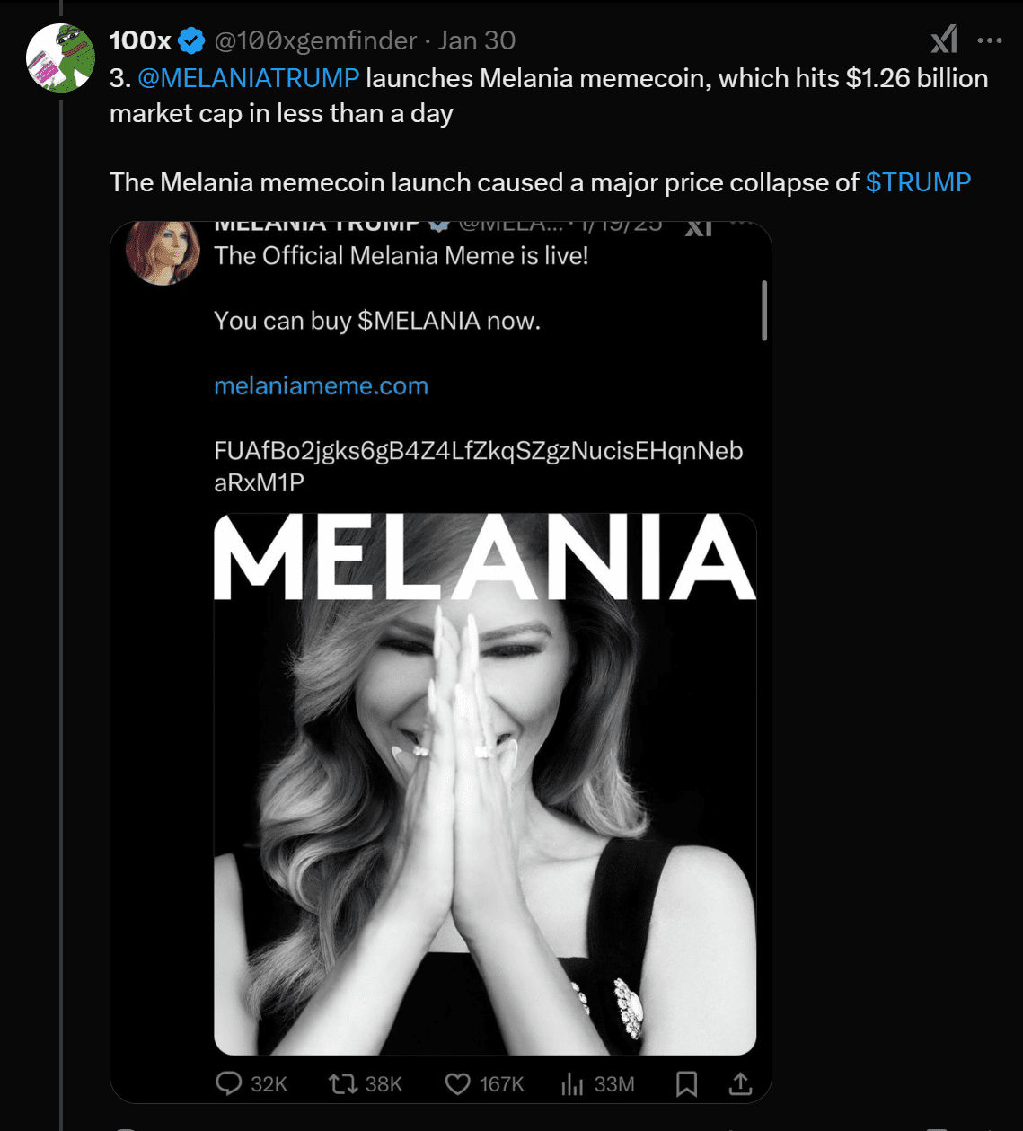 4. راه‌اندازی $MELANIA Coin توسط ملانیا ترامپ به هیجان میم‌کوین‌ها اضافه کرد.