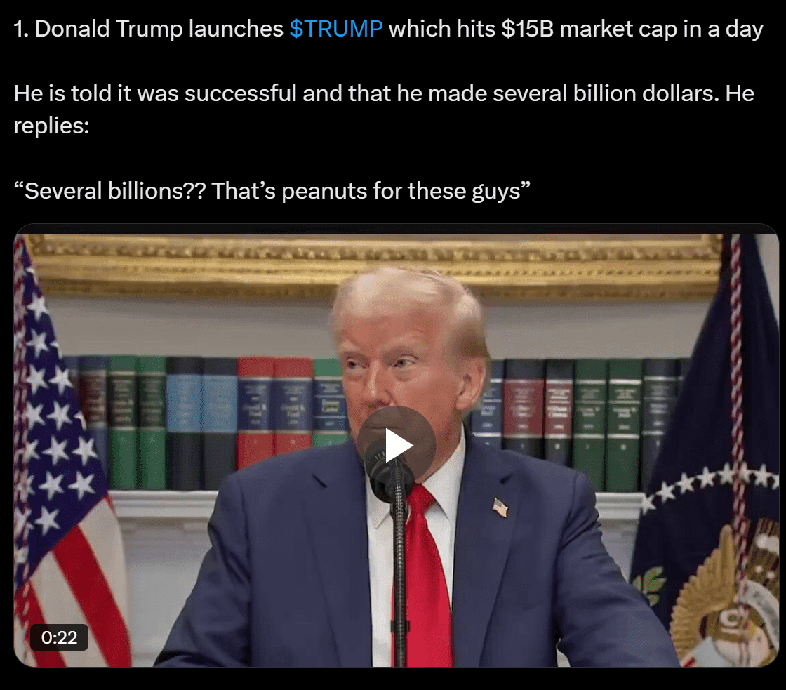 3. راه‌اندازی رمزارز TRUMP توسط دونالد ترامپ تبدیل به یک پدیده بازار شد.