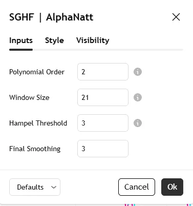 تنظیمات اندیکاتور Savitzky-Golay Hampel Filter