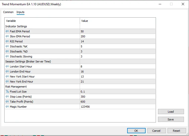 پارامترهای ورودی قابل تنظیم