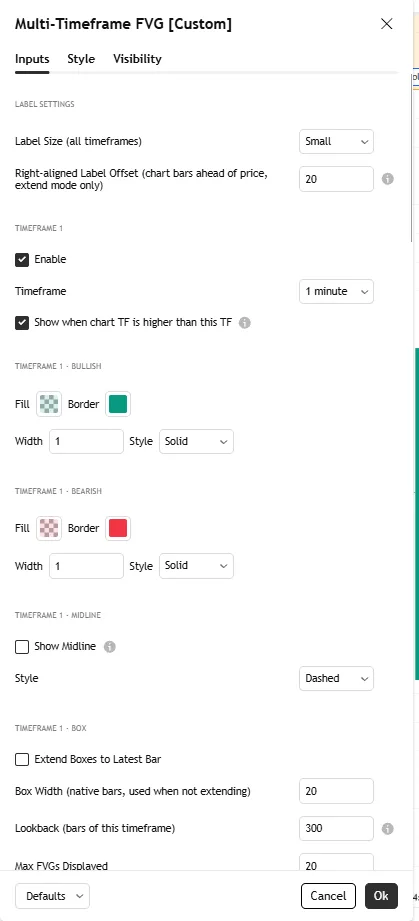 تنظیمات اندیکاتور Multi-Timeframe FVG [Custom]