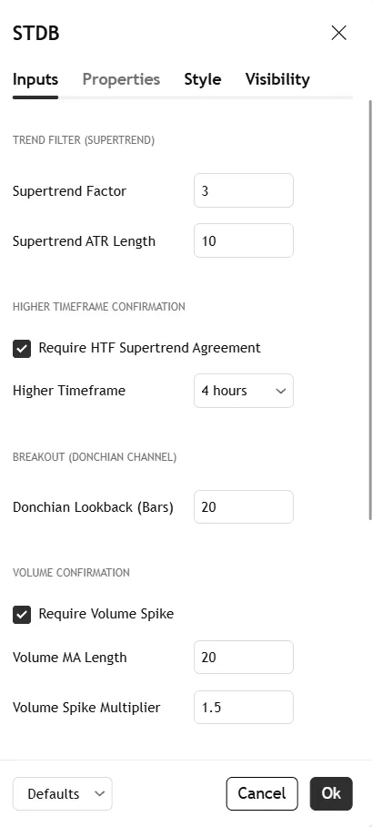 تنظیمات اندیکاتورTrendLock | Multi-Timeframe Supertrend Donchian Breakout