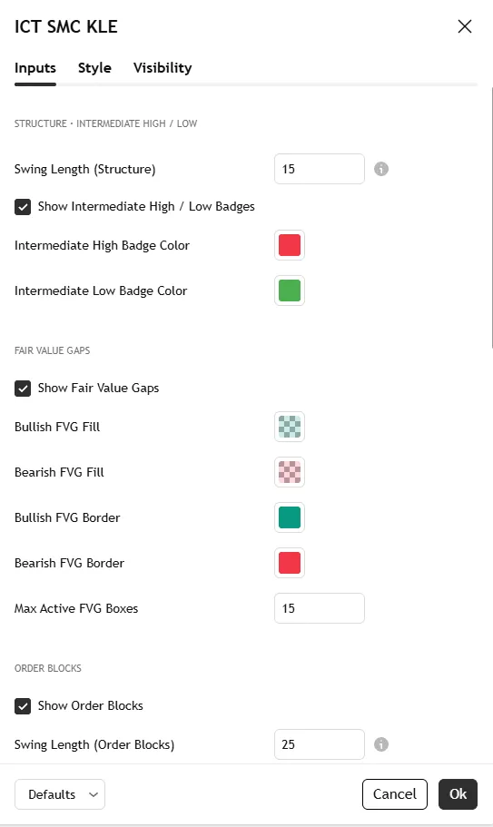 تنظیمات اندیکاتور ICT SMC key Levels Execution
