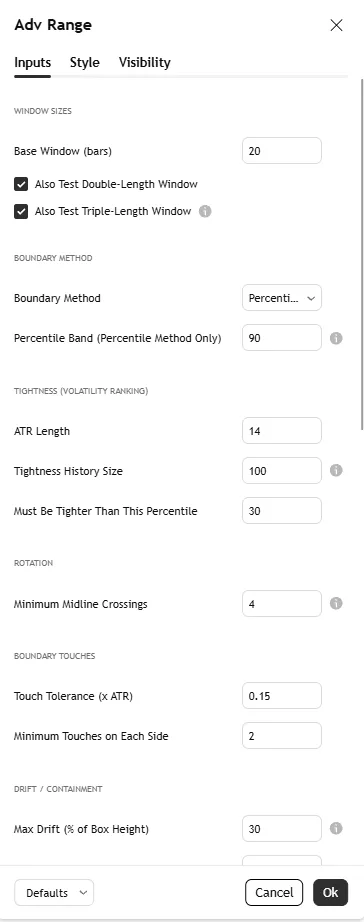 تنظیمات اندیکاتور Advance Range Detector