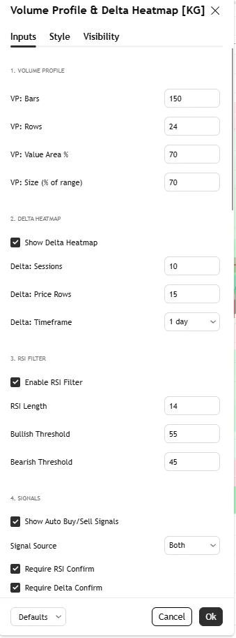 تنظیمات اندیکاتور Volume Profile & Delta Heatmap [KG]