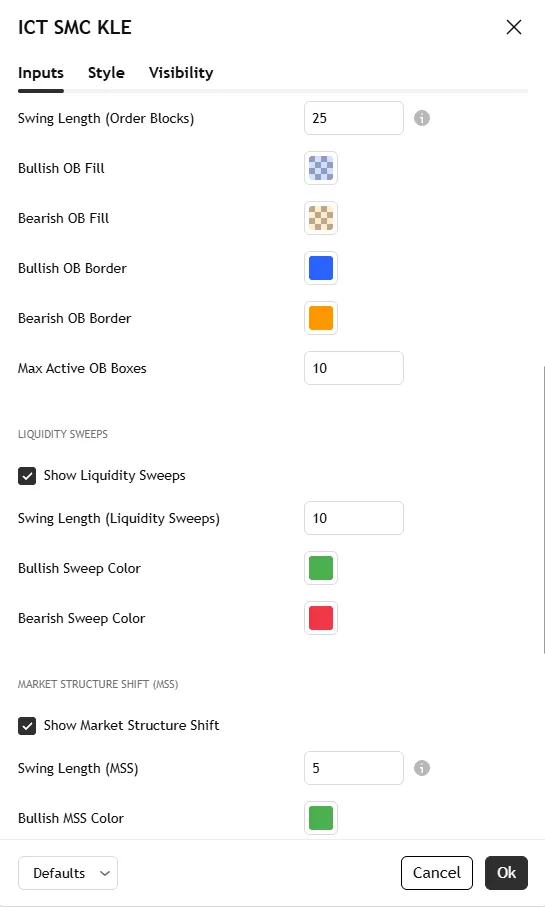 تنظیمات اندیکاتور ICT SMC key Levels Execution