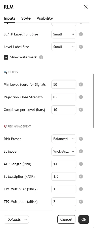 تنظیمات اندیکاتور Reaction Level Matrix