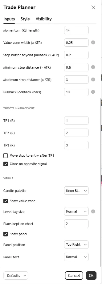 تنظیمات اندیکاتور Trade Planner Buy Sell Signals, Stop Loss, TP