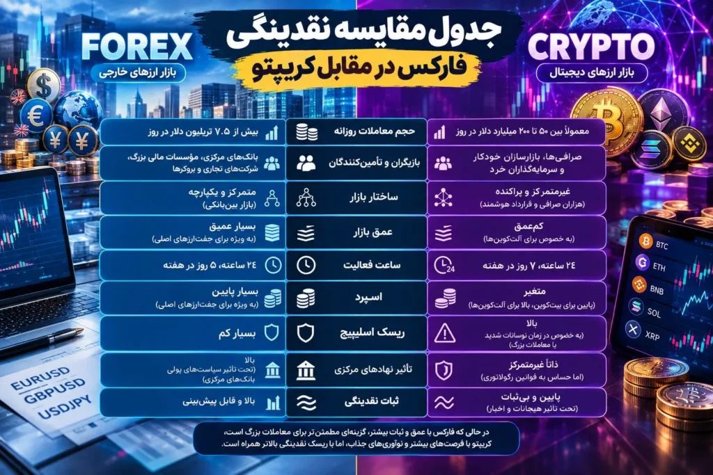 جدول مقایسه نقدینگی فارکس در مقابل کریپتو