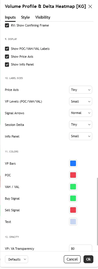 تنظیمات اندیکاتور Volume Profile & Delta Heatmap [KG]