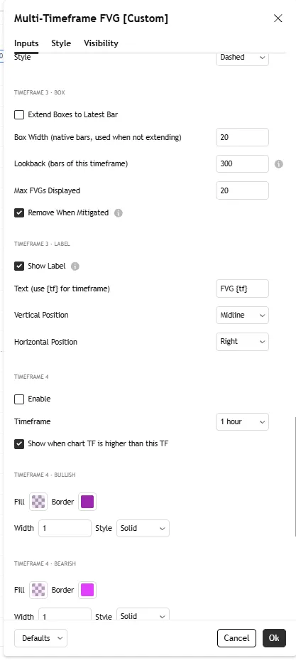 تنظیمات اندیکاتور Multi-Timeframe FVG [Custom]