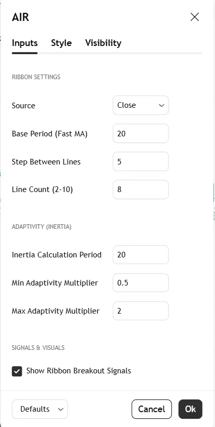 تنظیمات اندیکاتور Adaptive Inertia Ribbon 