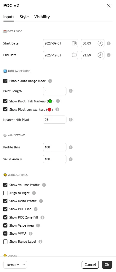 تنظیمات اندیکاتورPOC Volume Profile v2