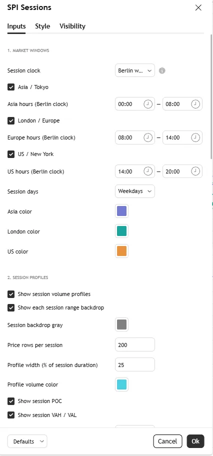 تنظیمات اندیکاتورAurora SPI Sessions