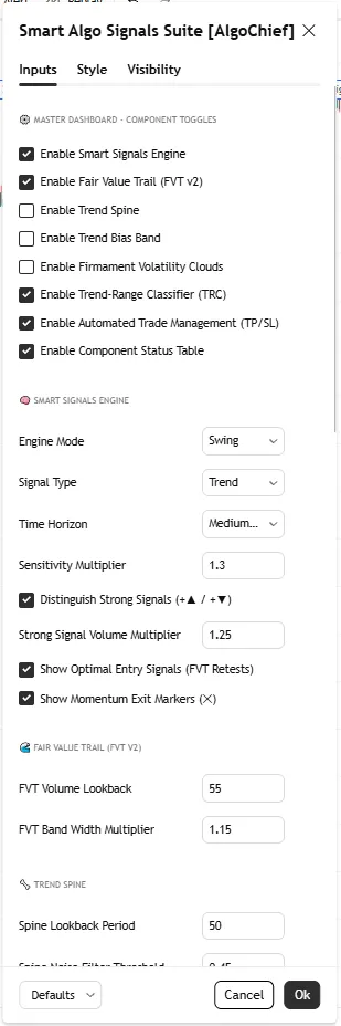 تنظیمات اندیکاتورSmart Algo Signals Suite
