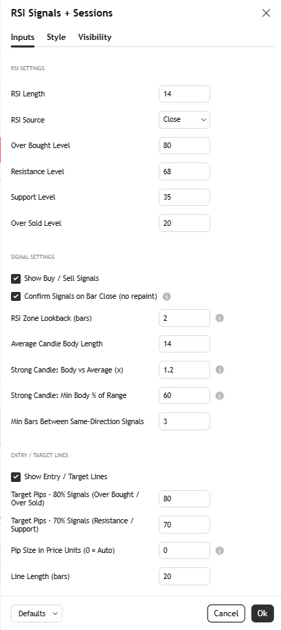 تنظیمات اندیکاتور RSI Signals with Sessions