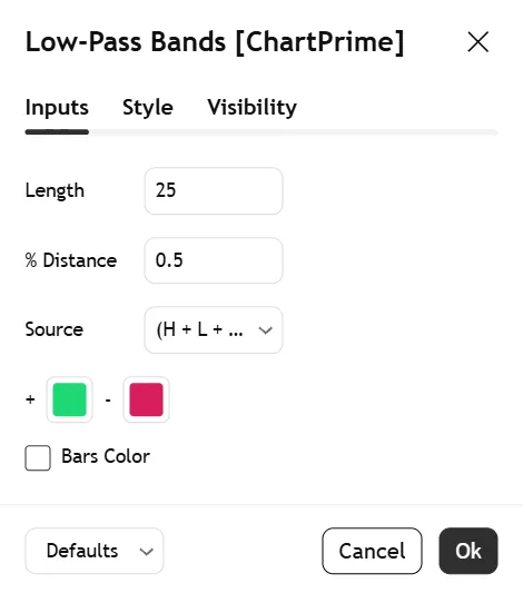 تنظیمات اندیکاتور Low-Pass Bands [ChartPrime]