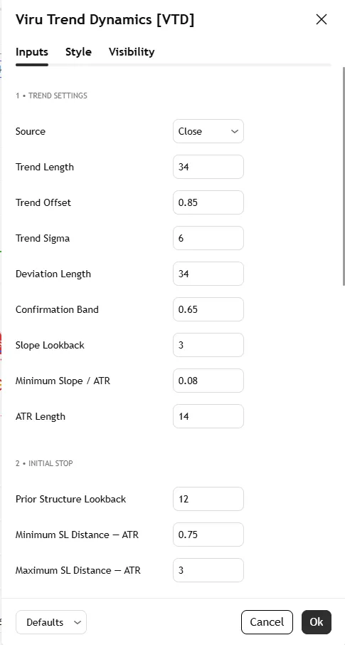 تنظیمات اندیکاتور Viru Trend Dynamics [VTD]