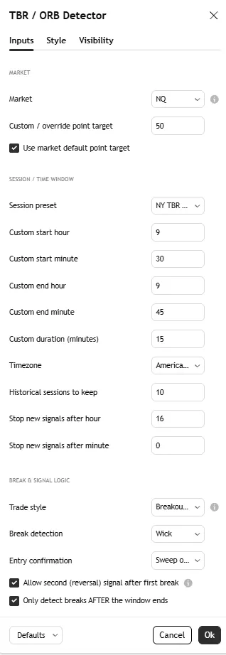تنظیمات اندیکاتور Time Range ORB Detector