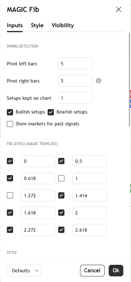 تنظیمات اندیکاتور MAGIC – Trend-Based Fib TP/SL