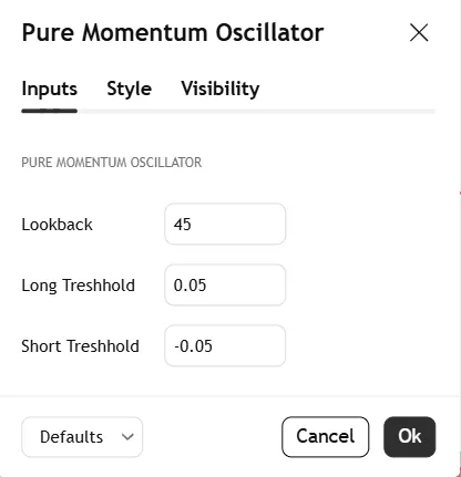 تنظیمات اندیکاتور  Pure Momentum Oscillator