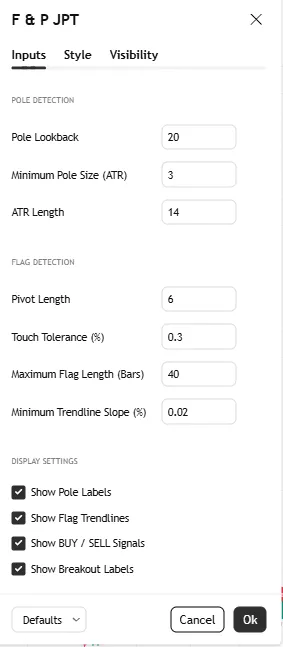 تنظیمات اندیکاتور Flag & Pole Pattern TP-SL