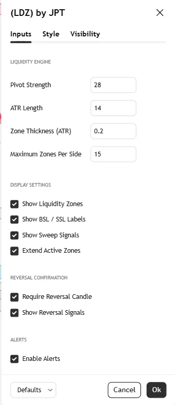 تنظیمات اندیکاتورLiquidity Defense Zones by JPT