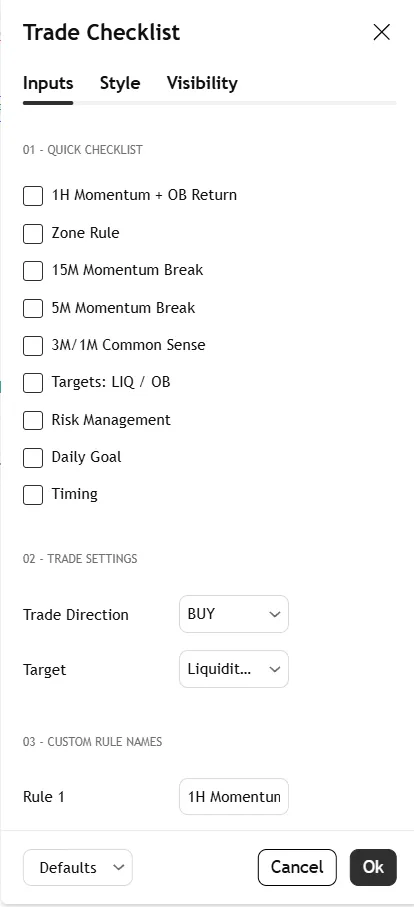 تنظیمات اندیکاتور Manual Trading Checklist OB & Momentum