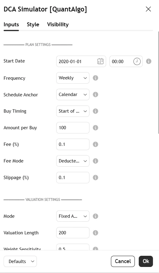 تنظیمات اندیکاتور DCA Simulator 