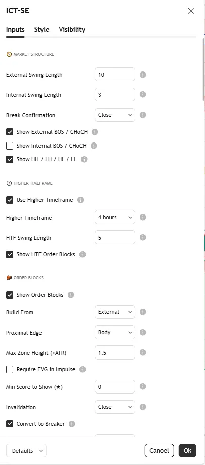 تنظیمات اندیکاتور ICT Structure Engine