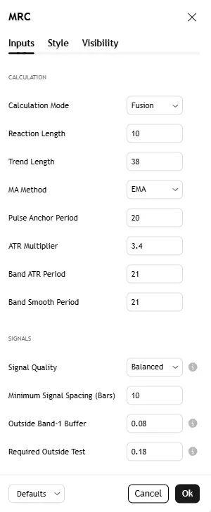 تنظیمات اندیکاتور Mean Reversion Channel ATR Band Reversal Signals