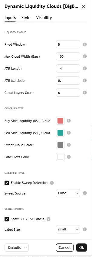 تنظیمات اندیکاتور Dynamic Liquidity Clouds