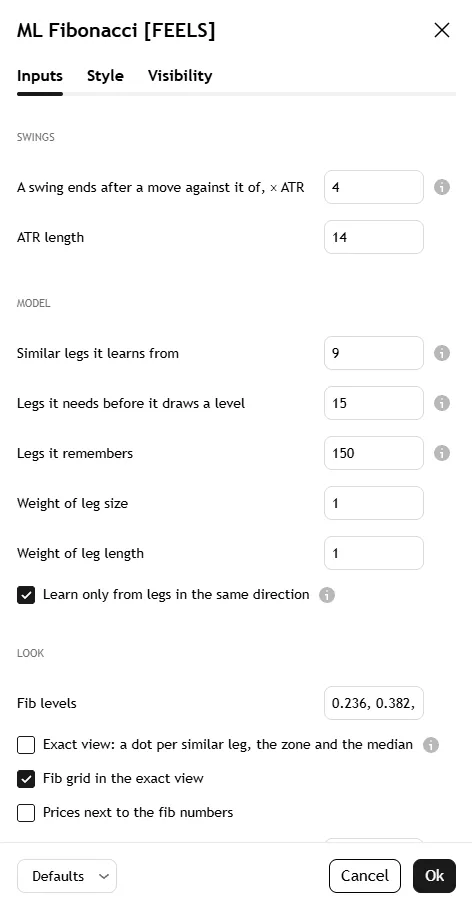 تنظیمات اندیکاتور Machine Learning Fibonacci