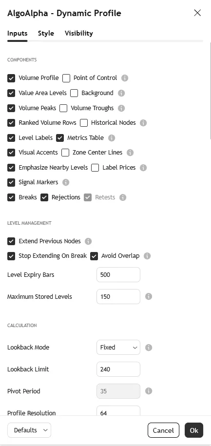 تنظیمات اندیکاتور Dynamic Profile Key Levels