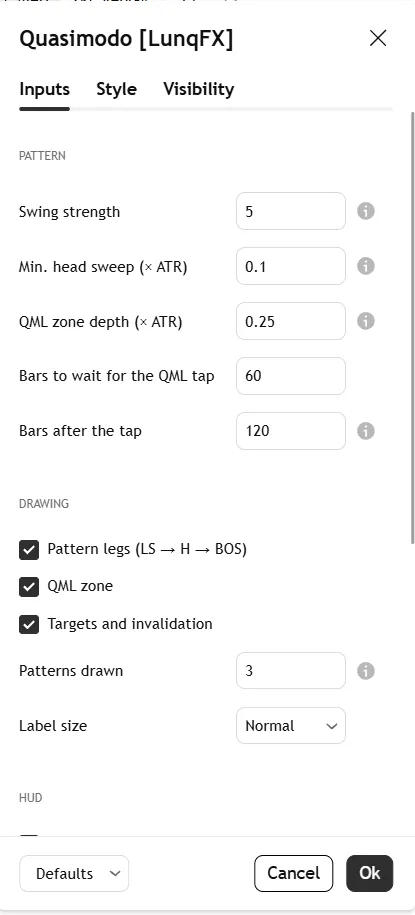 تنظیمات اندیکاتور Quasimodo QM Pattern QML BOS & Liquidity Sweep