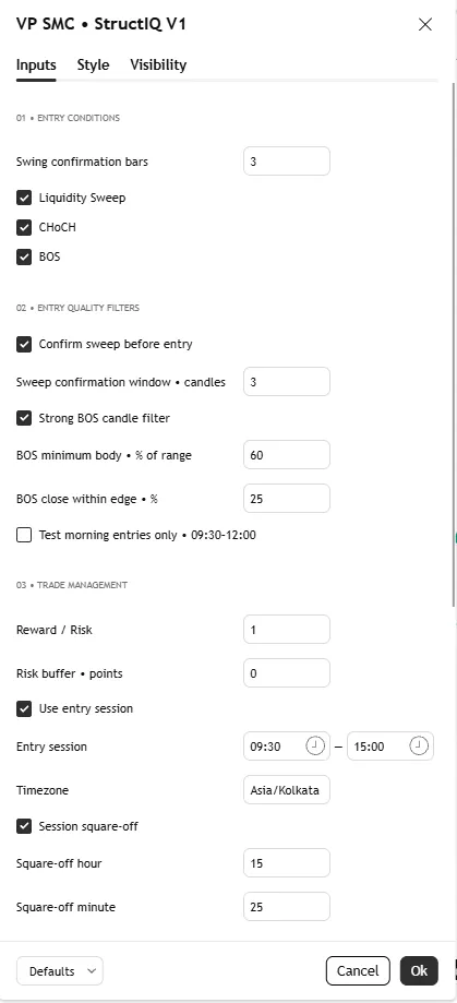 تنظیمات اندیکاتور StructIQ V1