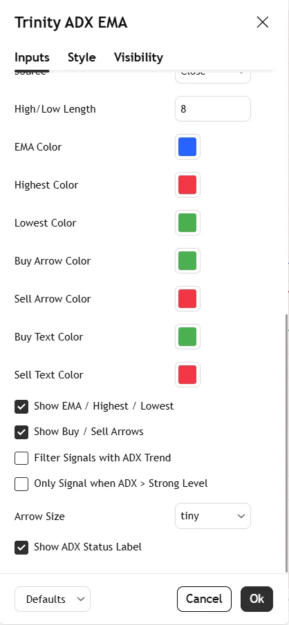 تنظیمات اندیکاتور Trinity ADX + EMA Scalper