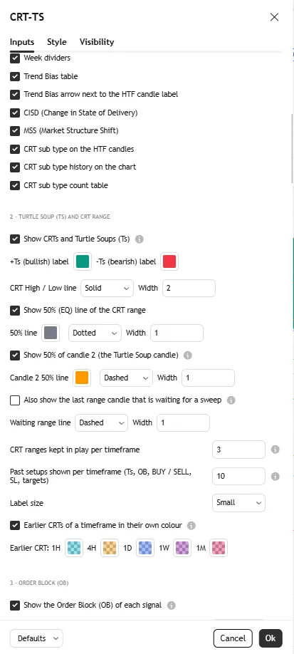تنظیمات اندیکاتور CRT Turtle Soup with HTF Candles, CISD and MSS