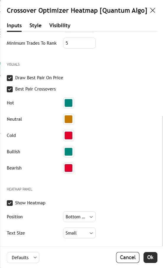 تنظیمات اندیکاتور Crossover Optimizer Heatmap