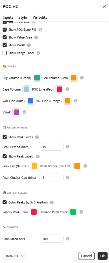 تنظیمات اندیکاتورPOC Volume Profile v2