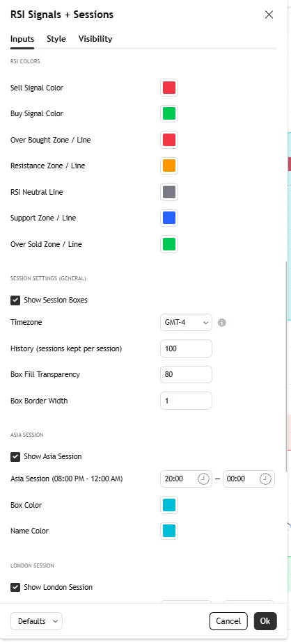 تنظیمات اندیکاتور RSI Signals with Sessions