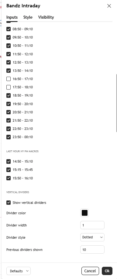 تنظیمات اندیکاتور  Bandz Intraday - Open Source