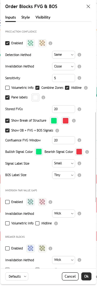 تنظیمات اندیکاتور Order Blocks FVG & BOS