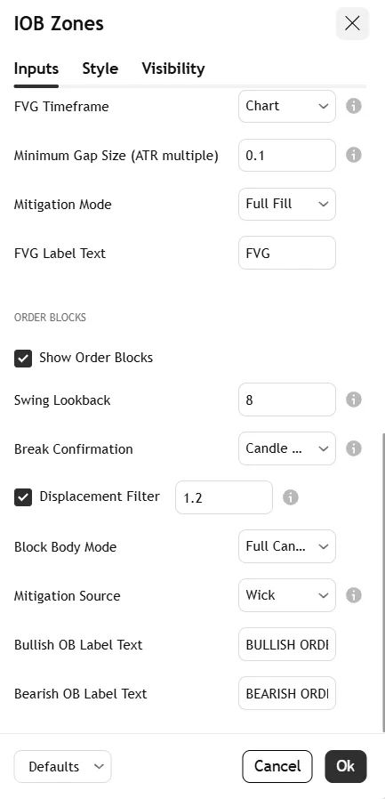 تنظیمات اندیکاتور FVG and Order Blocks Detector