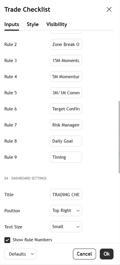 تنظیمات اندیکاتور Manual Trading Checklist OB & Momentum