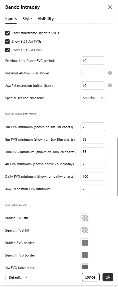 تنظیمات اندیکاتور  Bandz Intraday - Open Source