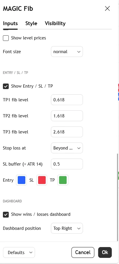 تنظیمات اندیکاتور MAGIC – Trend-Based Fib TP/SL